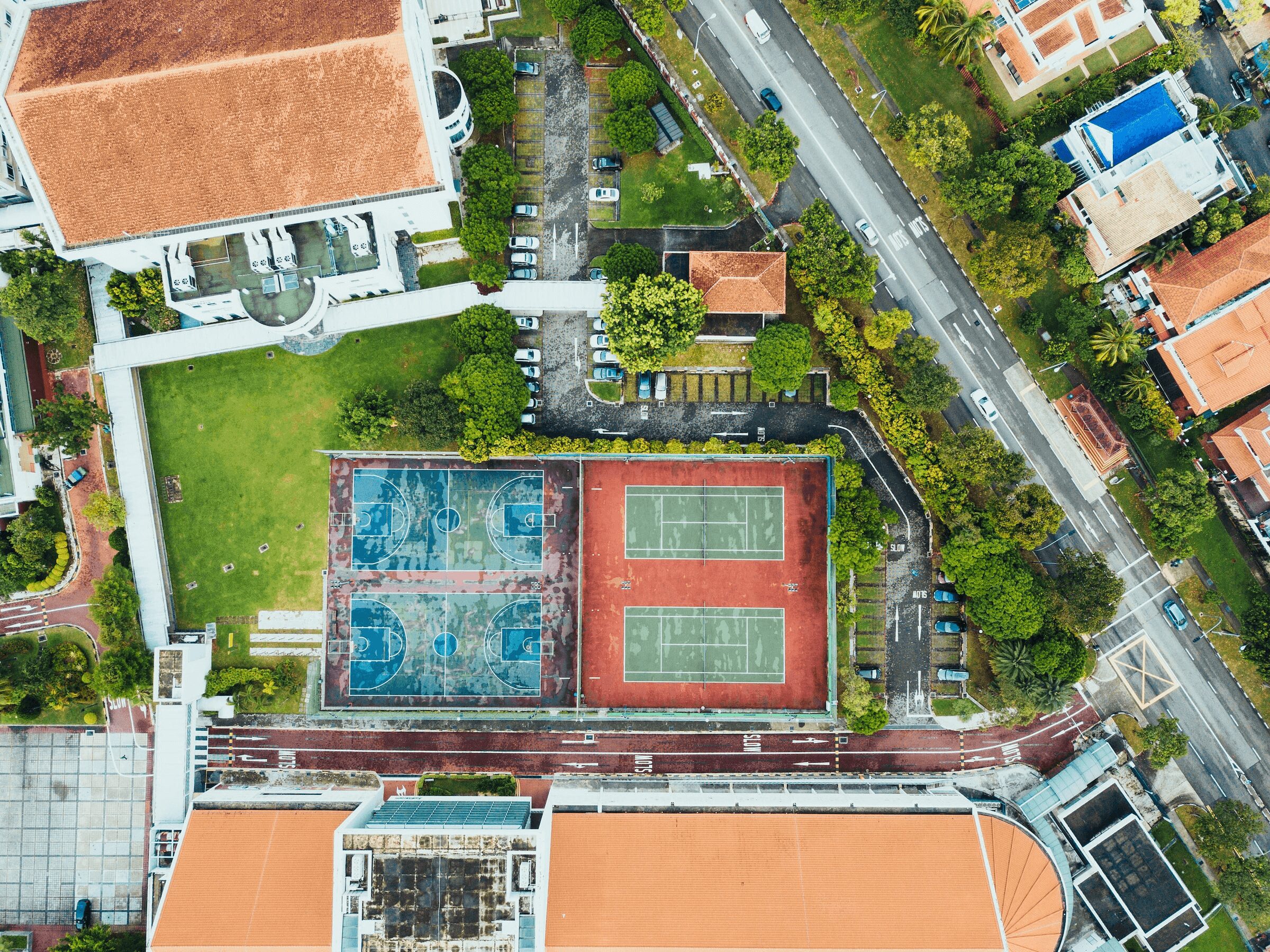 Tennis and basketball courts aerial view