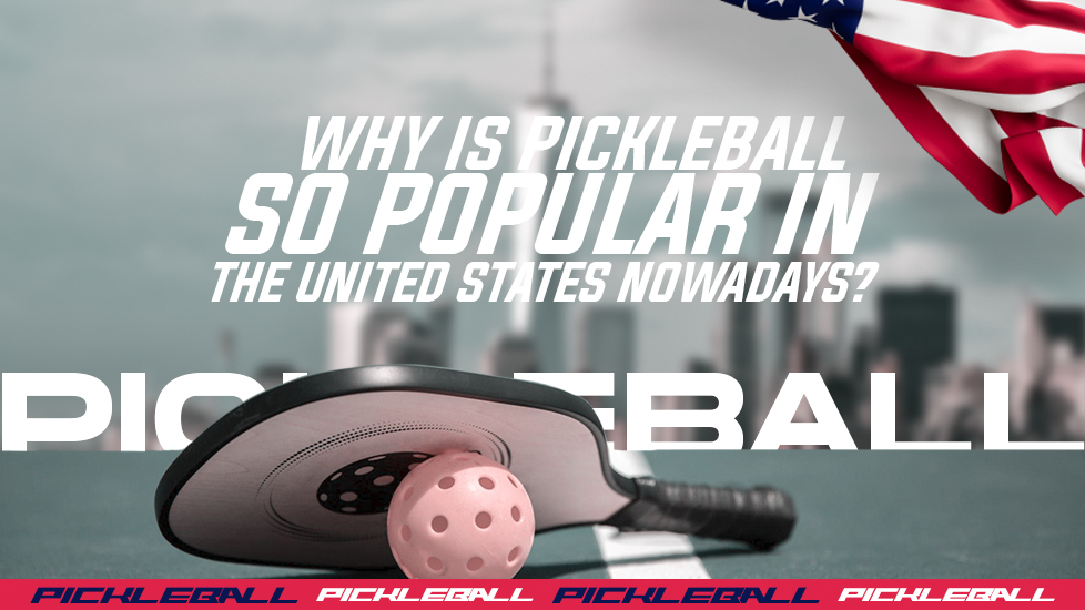 A pickleball pad and ball are shown in this blog feature image. The text on the image is Why Is Pickleball So Popular in the USA.